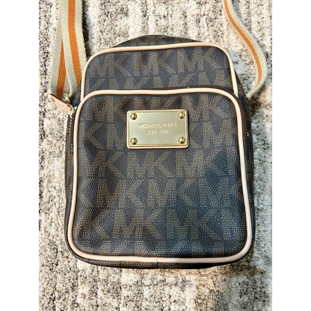 Michael Kors Signature with Webbing Flight Bag Brown Leather Shoulder Crossbody